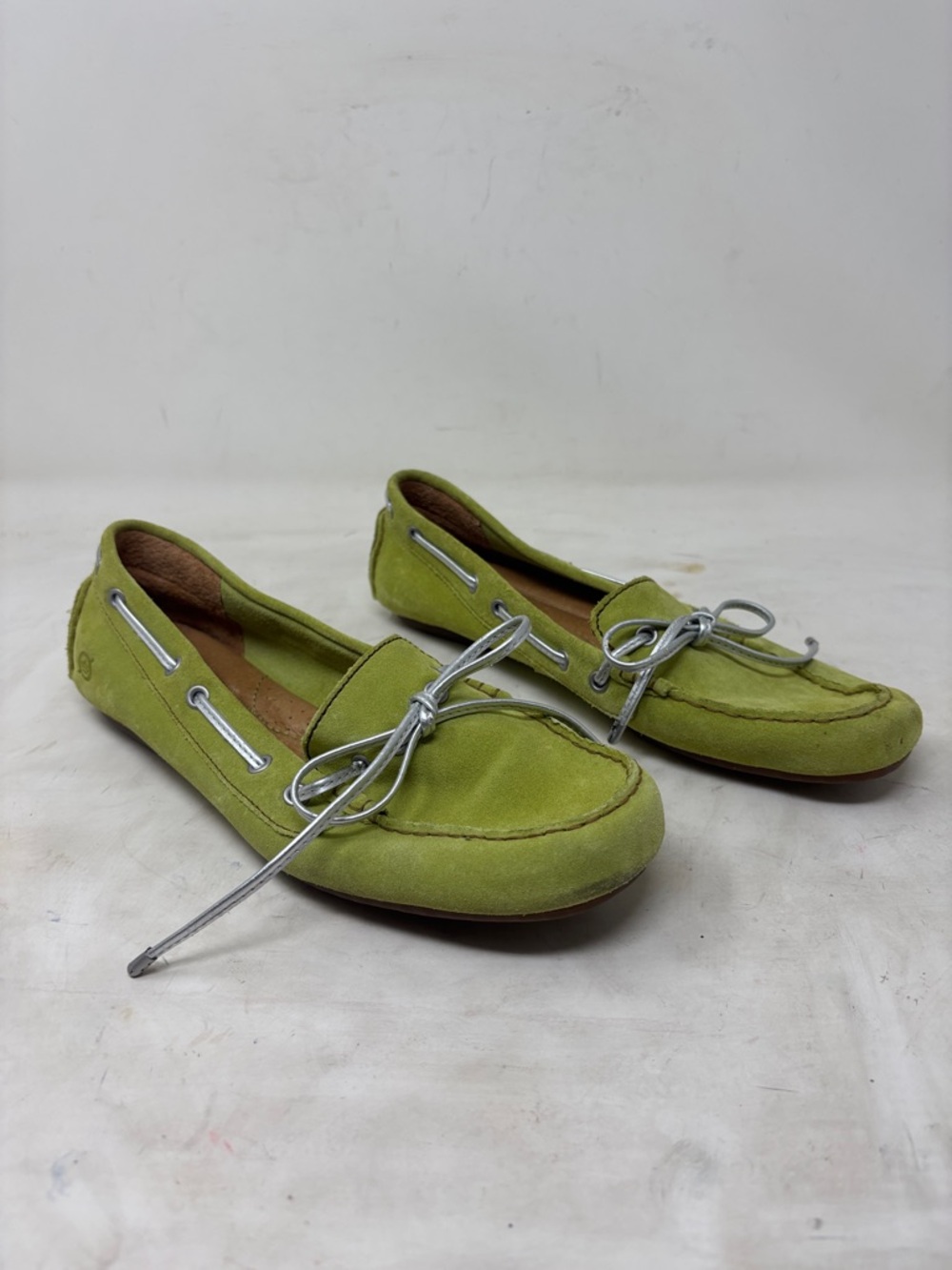 Born Lime Green Suede Moccasins with Silver Laces